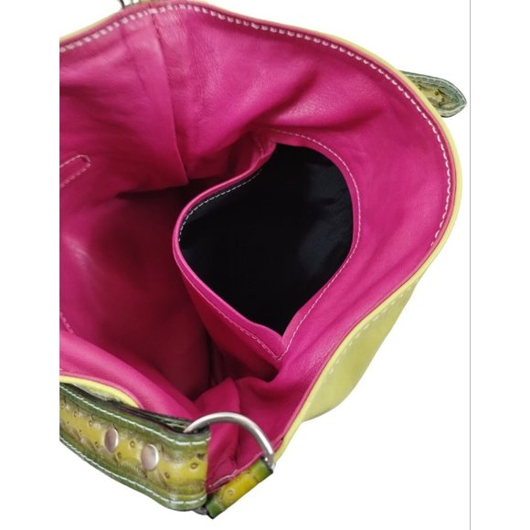 Leather Purse with Studded Religious Cross Crossbody Bag Chartreuse Yellow - Picture 8 of 13